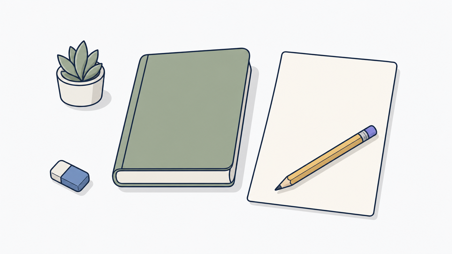 A closed textbook lies beside a blank sheet of paper with a pencil resting on it.