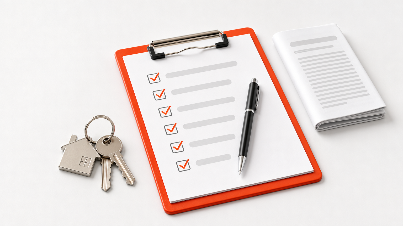 A clipboard with a checklist and pen, next to a set of keys and a folded contract on a table.