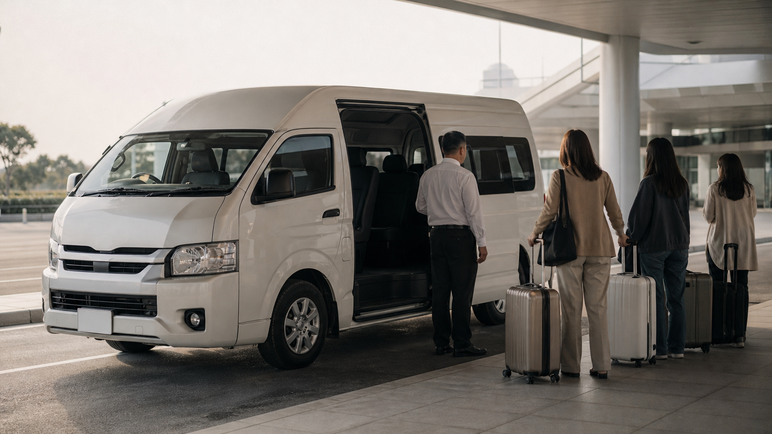 A Toyota Hiace van with its door open beside a driver, while a group of travelers with suitcases waits at a curb.