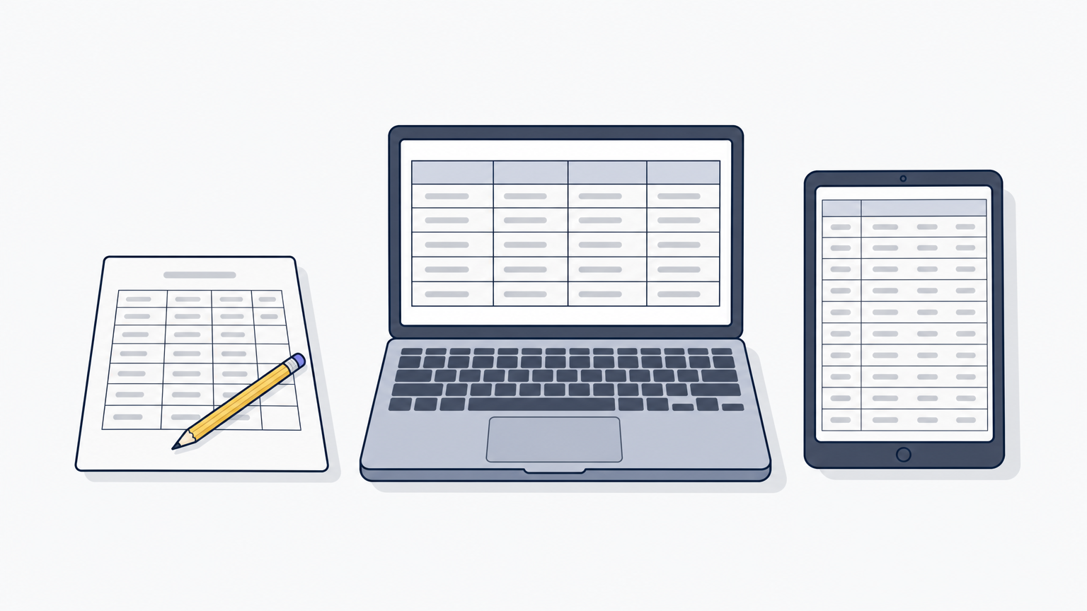 A printed paper grid, an open laptop with a spreadsheet, and a tablet showing a table sit side by side.