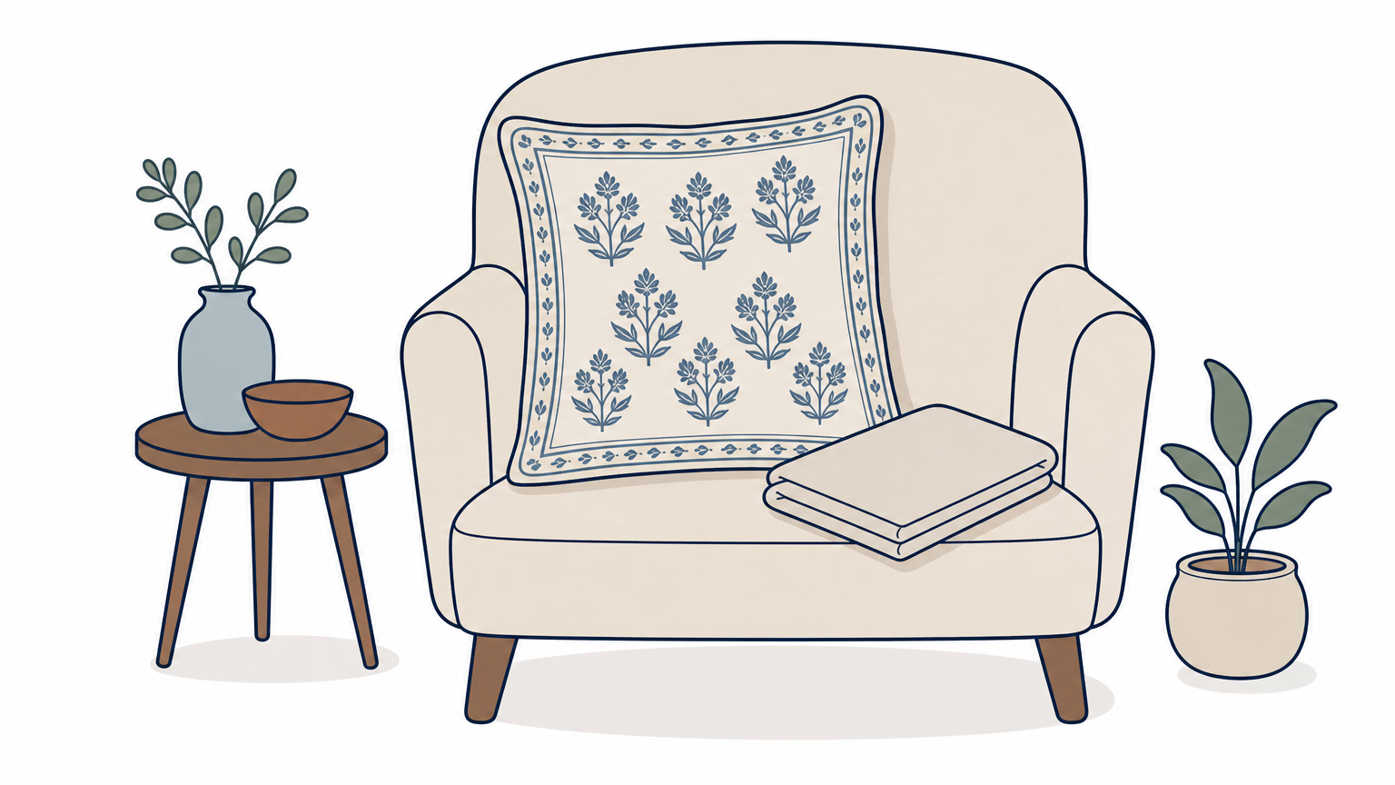 A patterned linen pillow cover lies flat with its back turned up beside a folded plain linen cover on an armchair.