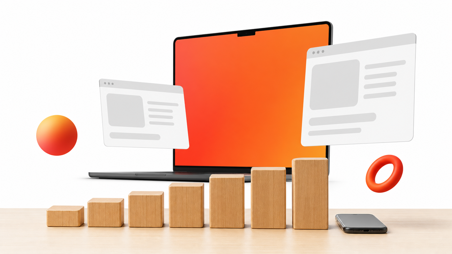Seven wooden blocks in a row, rising in height from left to right, with a phone at the end.