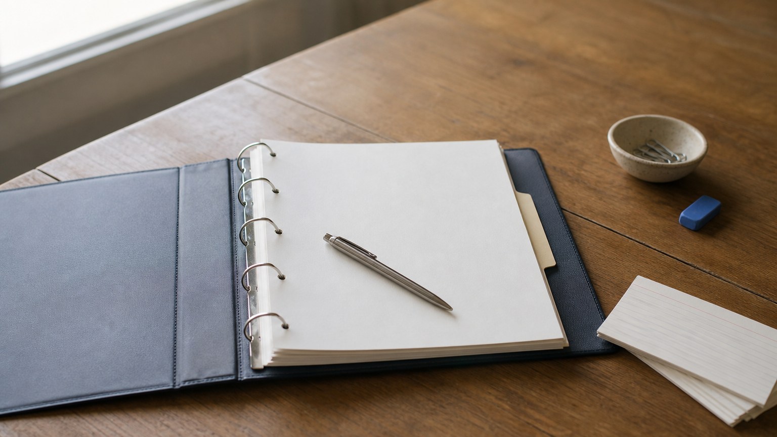 An open ring binder with a pen across a blank page, beside a small stack of index cards.