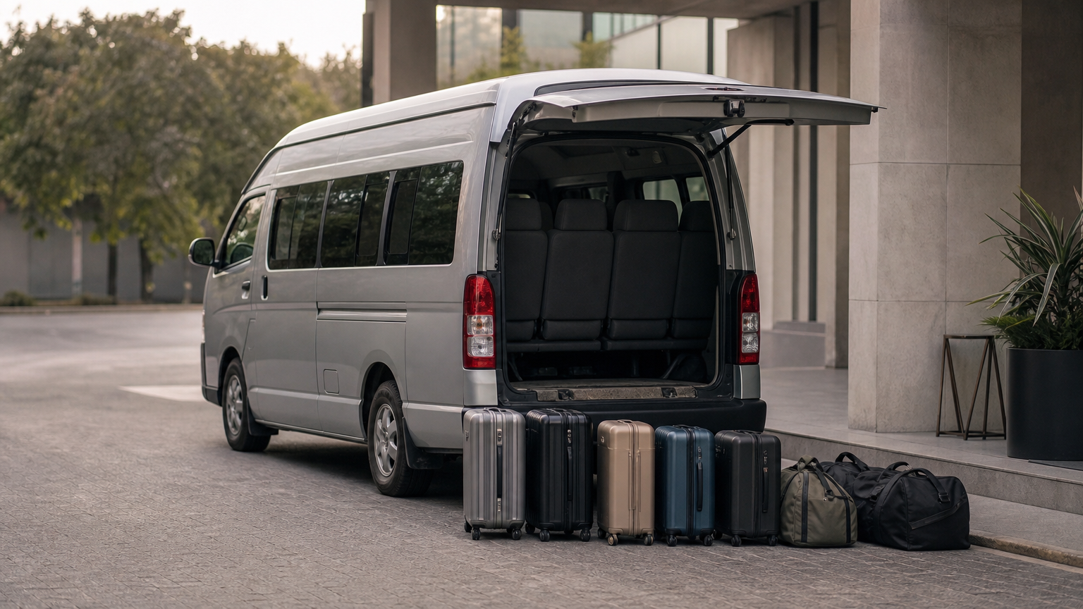 A tall-roofed Toyota Hi-Ace van with open rear doors, with suitcases and duffel bags lined up beside it.
