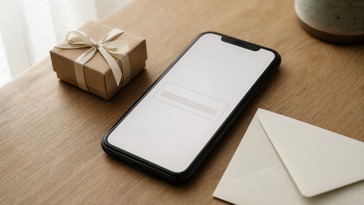 A smartphone on a desk beside a gift box and an envelope, suggesting a redeem code purchase.