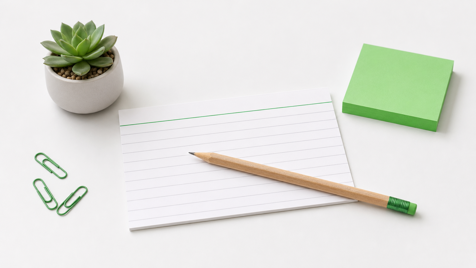 A blank index card with a pencil across it, next to a small stack of sticky notes on a desk.