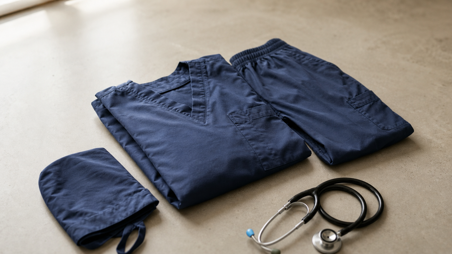 A scrub top, pants and cap laid flat together as one matching outfit, with a stethoscope beside them.