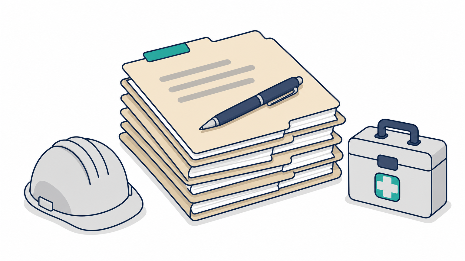 A stack of claim folders sits beside a hard hat and first-aid kit, representing no-fault and workers' compensation billing.