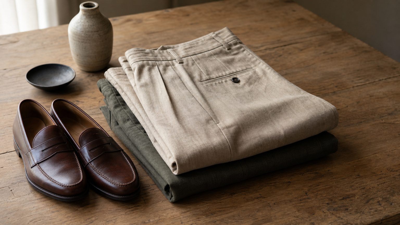 Two folded pairs of tailored trousers stacked on a wooden surface beside a pair of leather loafers.