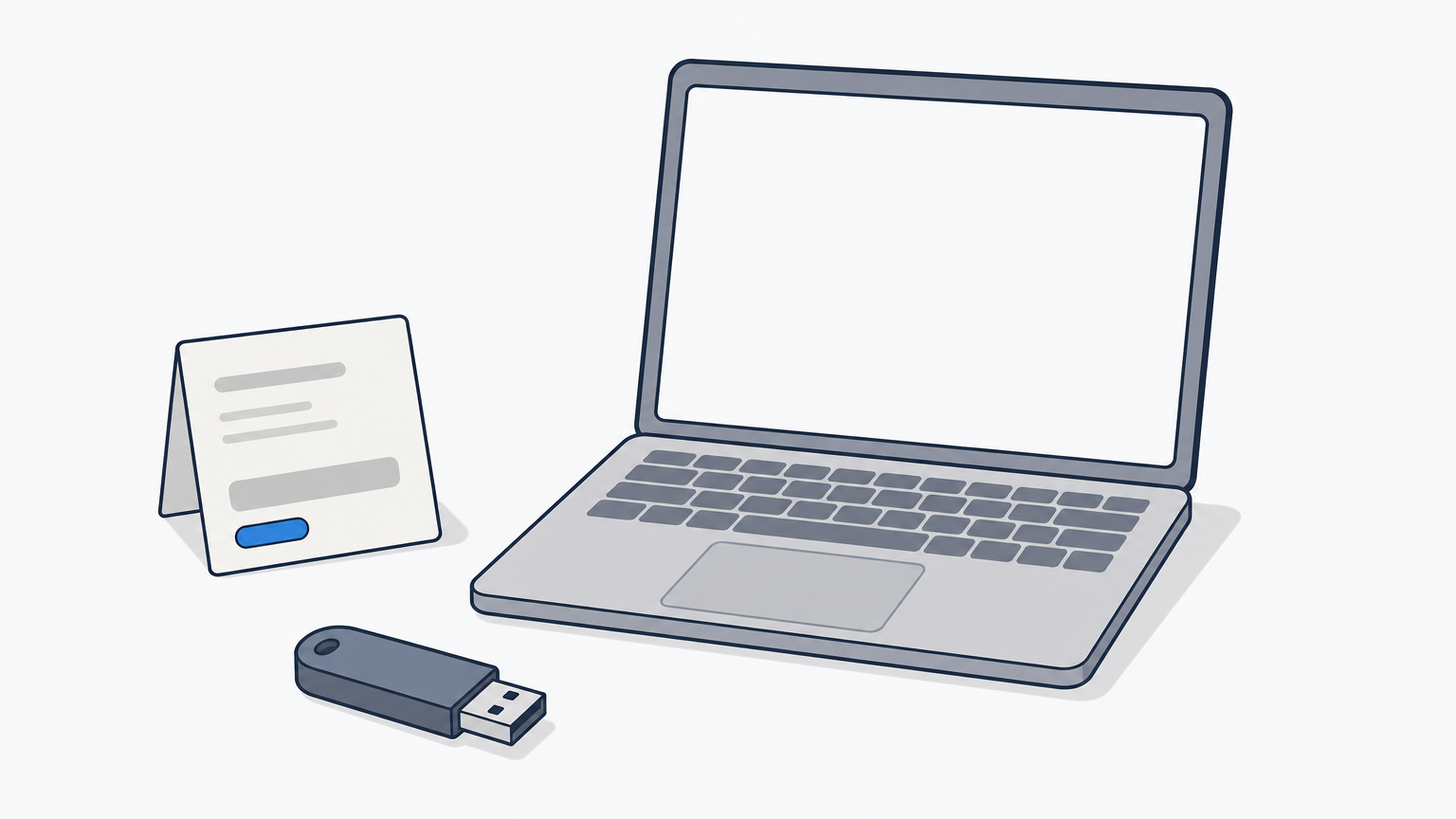 Ein USB-Stick liegt neben einer Produktkarte mit Schlüssel auf einem Schreibtisch neben einem Laptop.