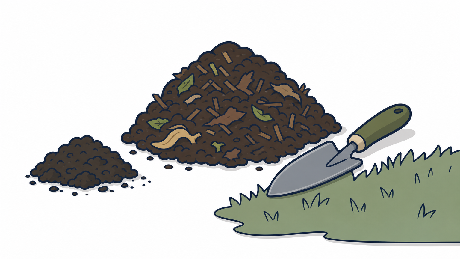 Compost and crumbly soil sit beside a trowel at the edge of a lawn.