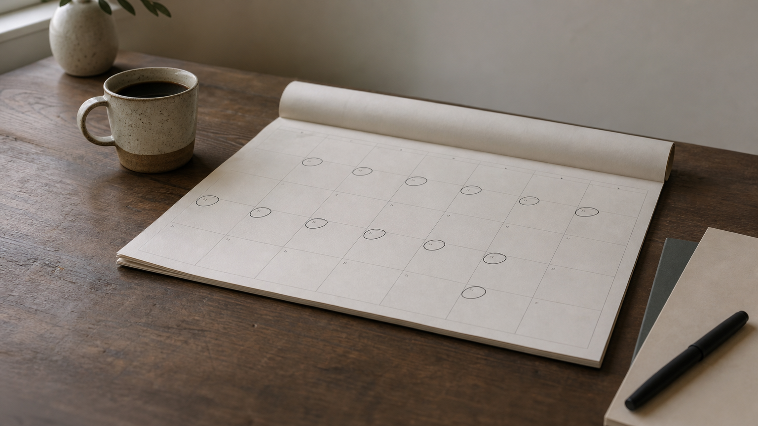 An open calendar with ten circled days beside a coffee mug, suggesting a year of planned use.