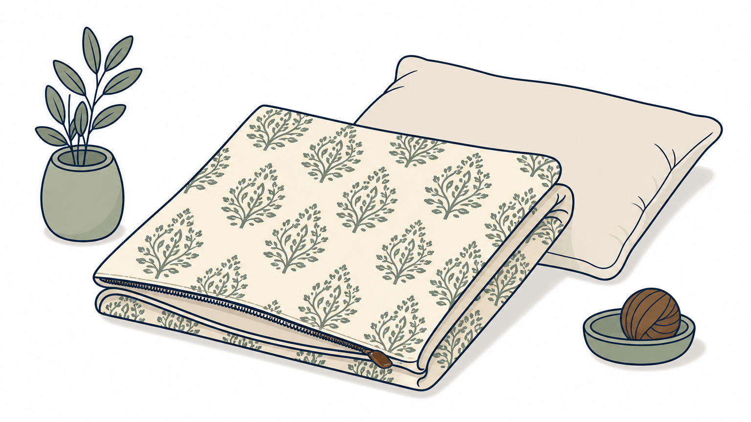 A folded block-printed cotton pillow cover rests on a bed beside a plump pillow insert.