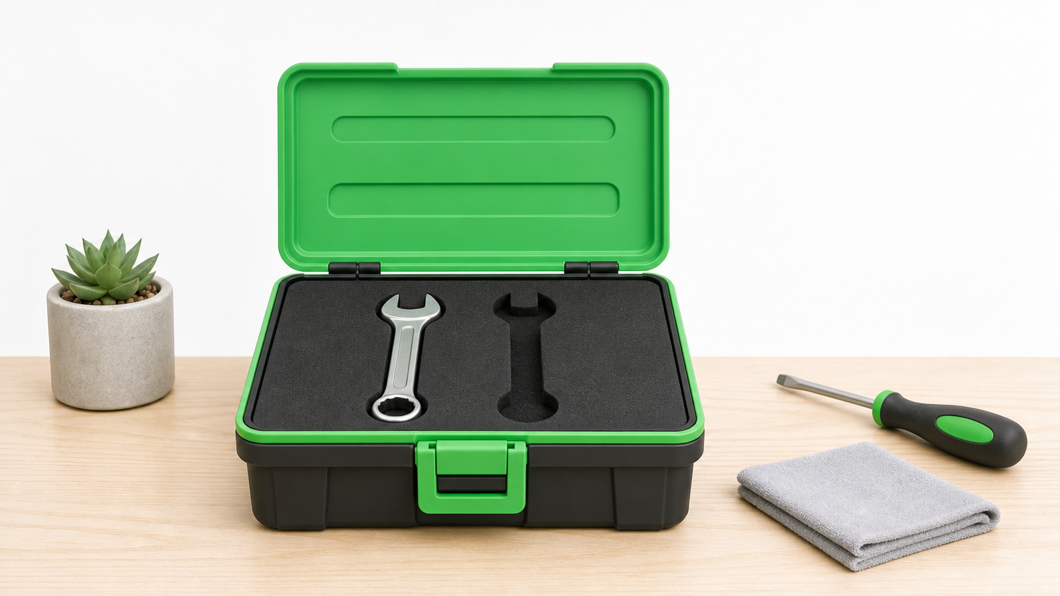 An open toolbox on a workbench holding a single wrench, with an empty slot next to it.