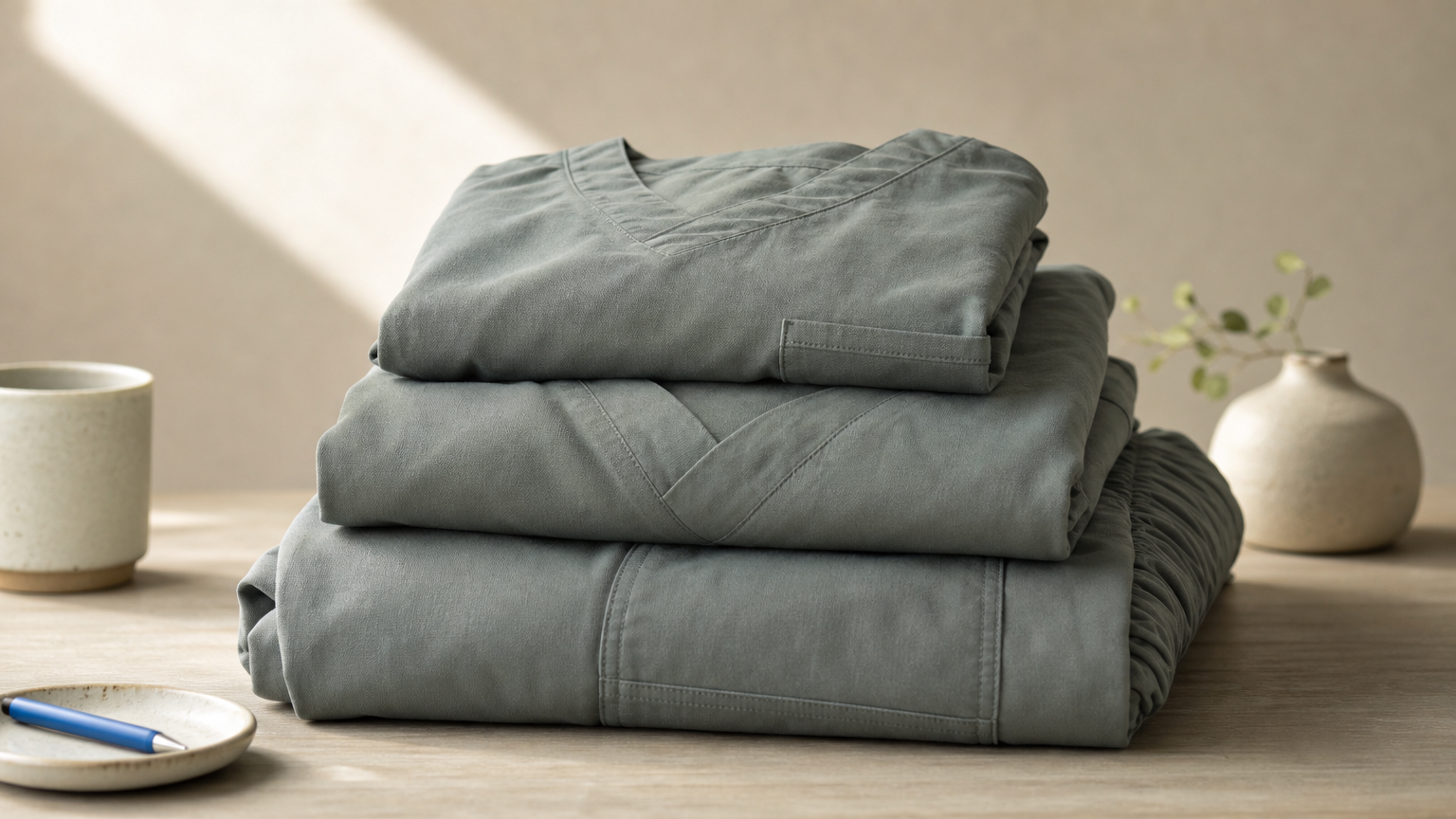 Three folded scrub sets stacked in a tower, growing smaller from bottom to top.