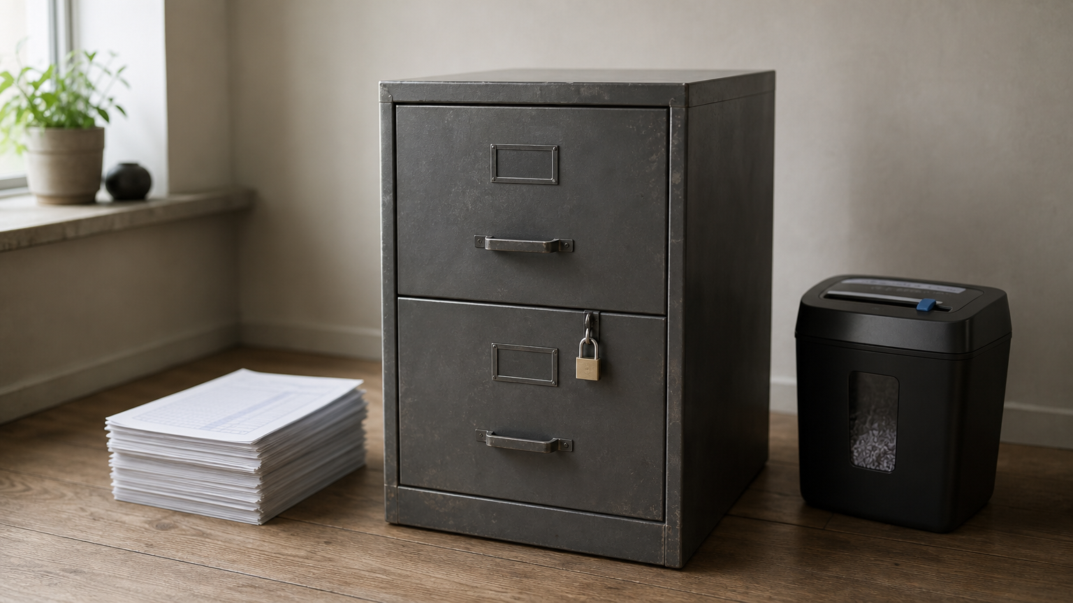 A padlocked filing cabinet beside a stack of printed log pages and a paper shredder.