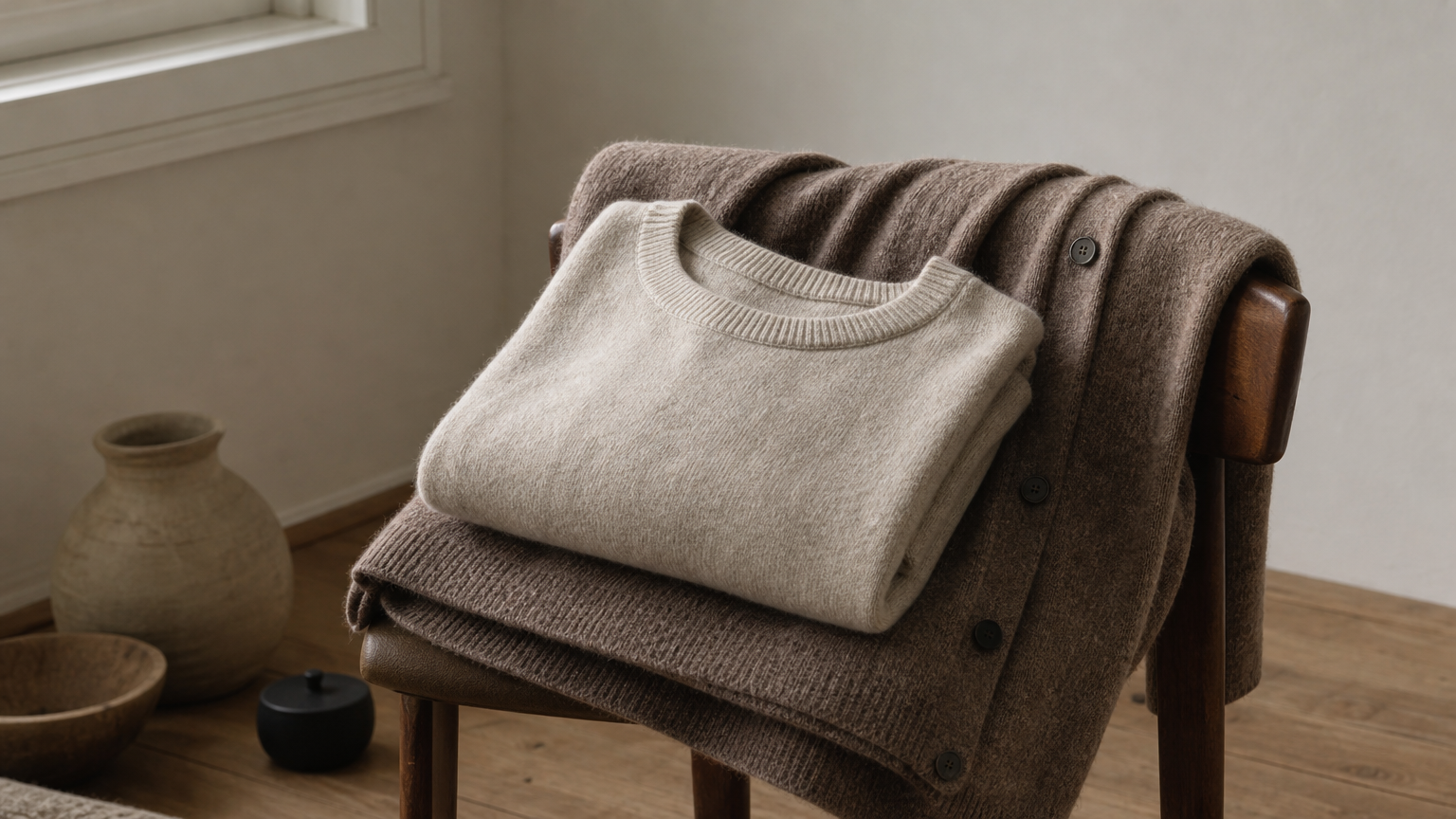 A folded crewneck sweater rests on a cardigan draped over the back of a wooden chair.