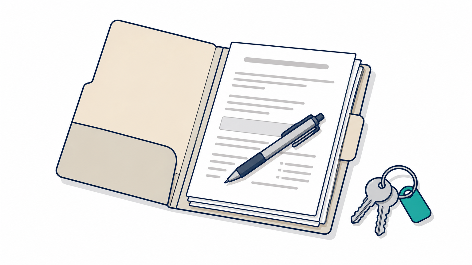 An open folder of enrollment forms with a pen and keys, representing credentialing and payer enrollment before billing.