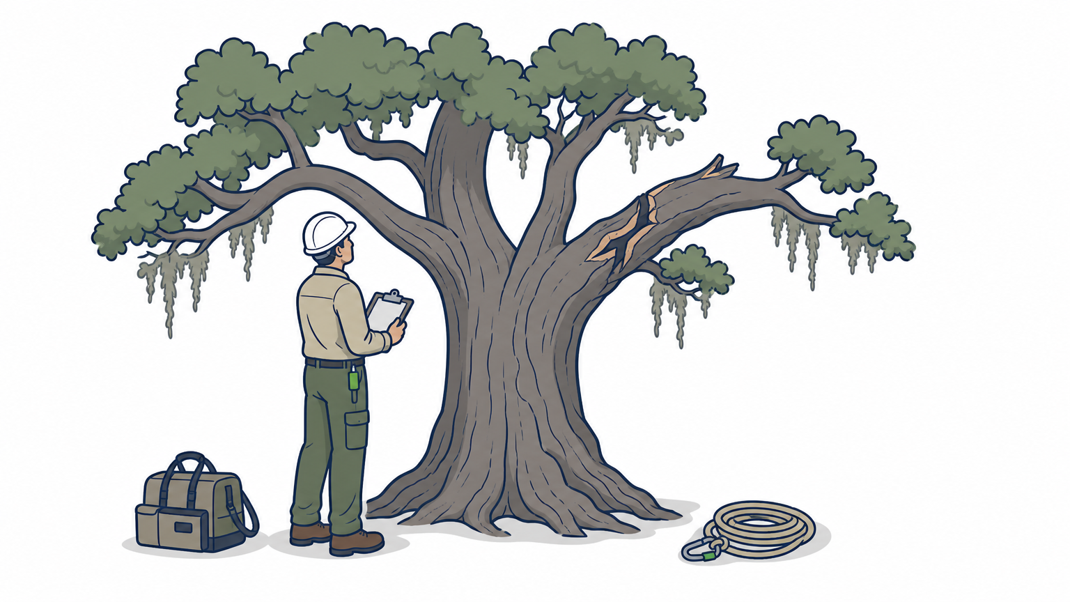 An arborist in a hard hat examines a cracked limb on a large live oak.