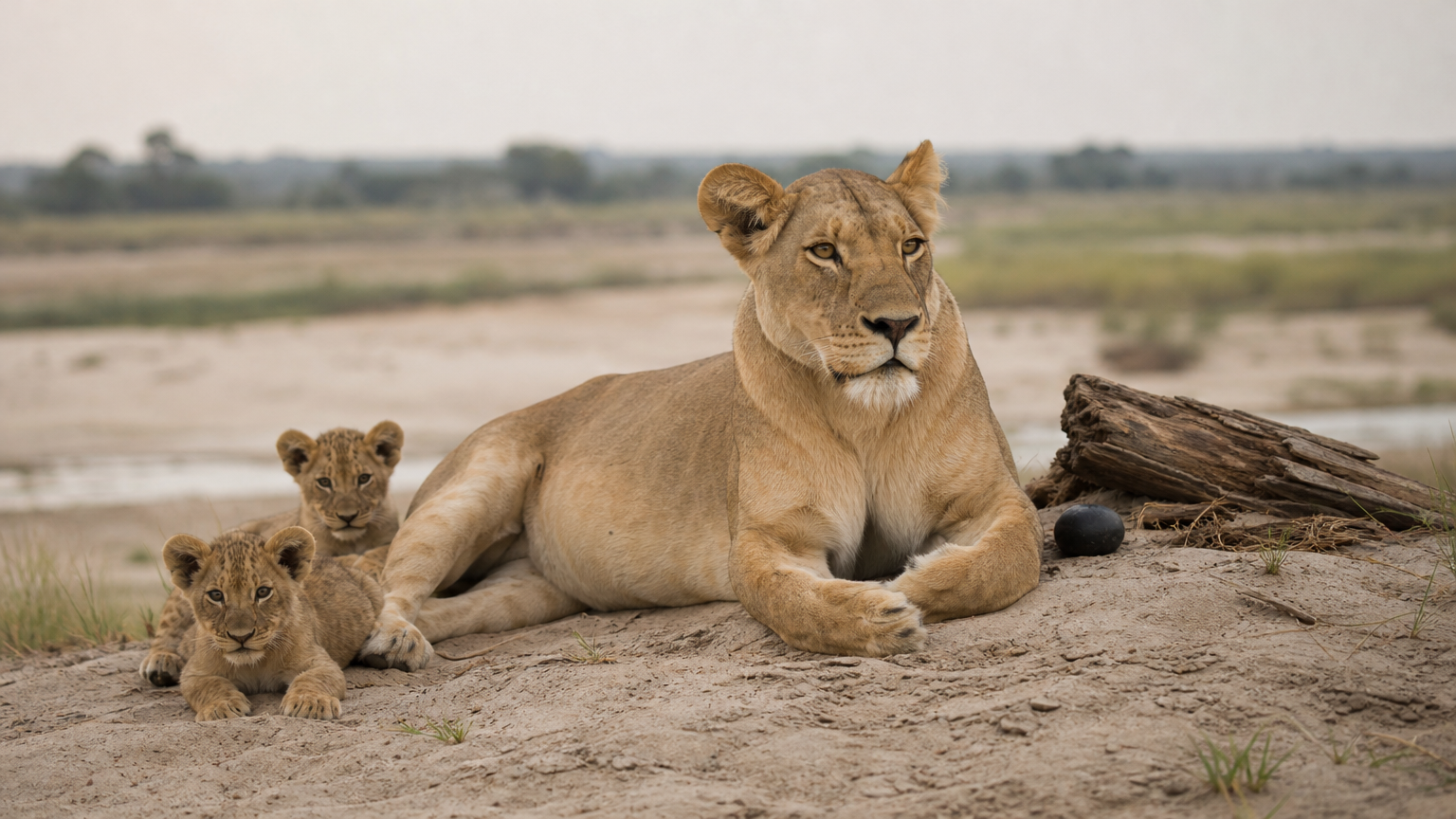 10 Best Safari Camps in Okavango Delta for Every Budget A lioness rests on a sandy rise above a floodplain with two cubs nearby.