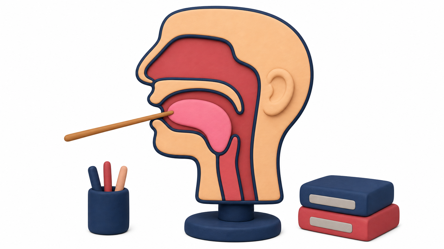 A cutaway clay model of a head in profile shows the throat, tongue, lips, and nasal passage with a pointer on the tongue.