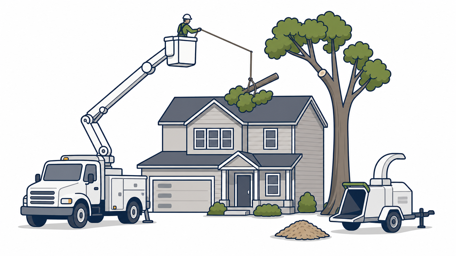 A climber in a bucket truck lowers a cut limb on a rope above a house roof.