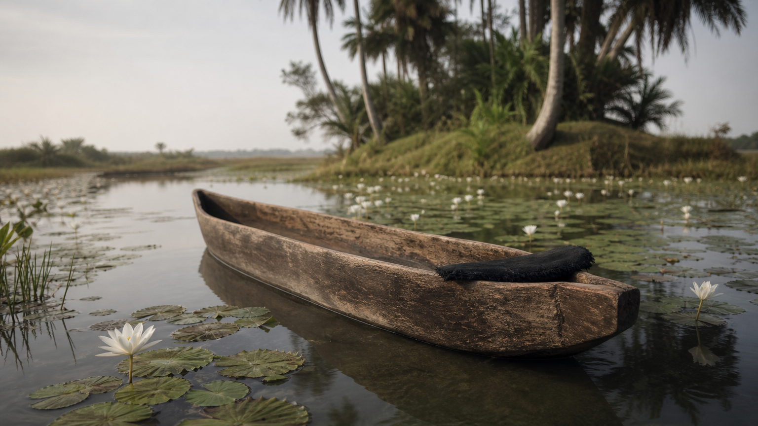 10 Best Safari Camps in Okavango Delta for Every Budget A mokoro canoe drifts on a water-lily channel in front of a palm-shaded island.