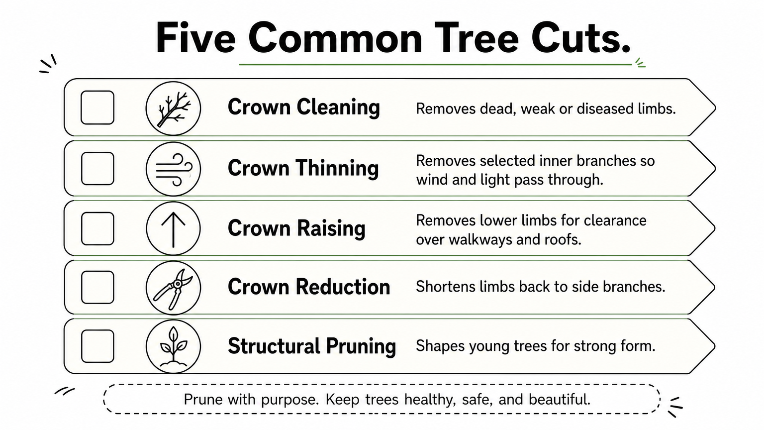 Checklist of five tree cut types with a short description and icon for each.