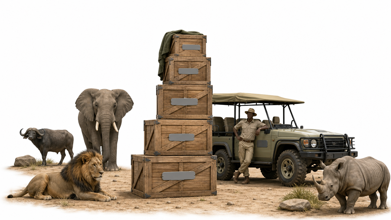 A tall stack of five uneven wooden crates stands on a dusty track beside a parked safari vehicle.