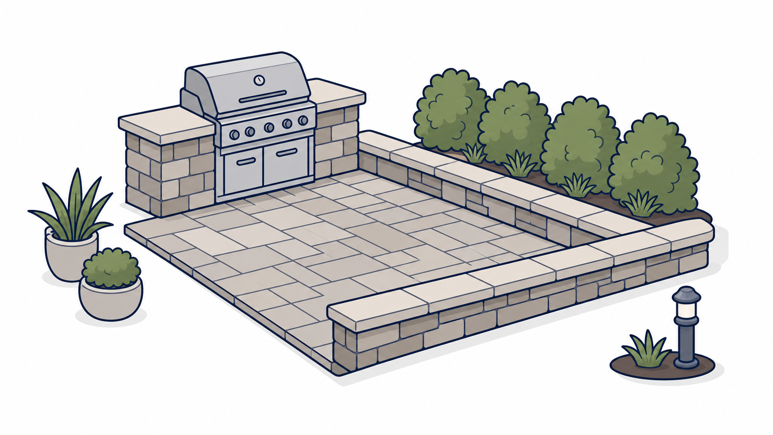 A paver patio beside a low stone retaining wall, with a built-in grill at one corner and shrubs along the edge.