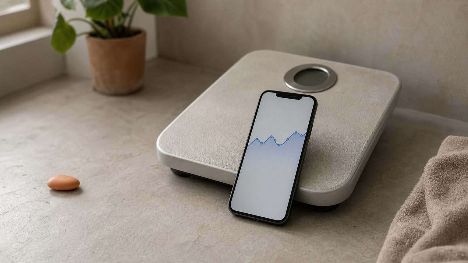 A smartphone beside a bathroom scale, its screen showing a gently sloping weight trend line.