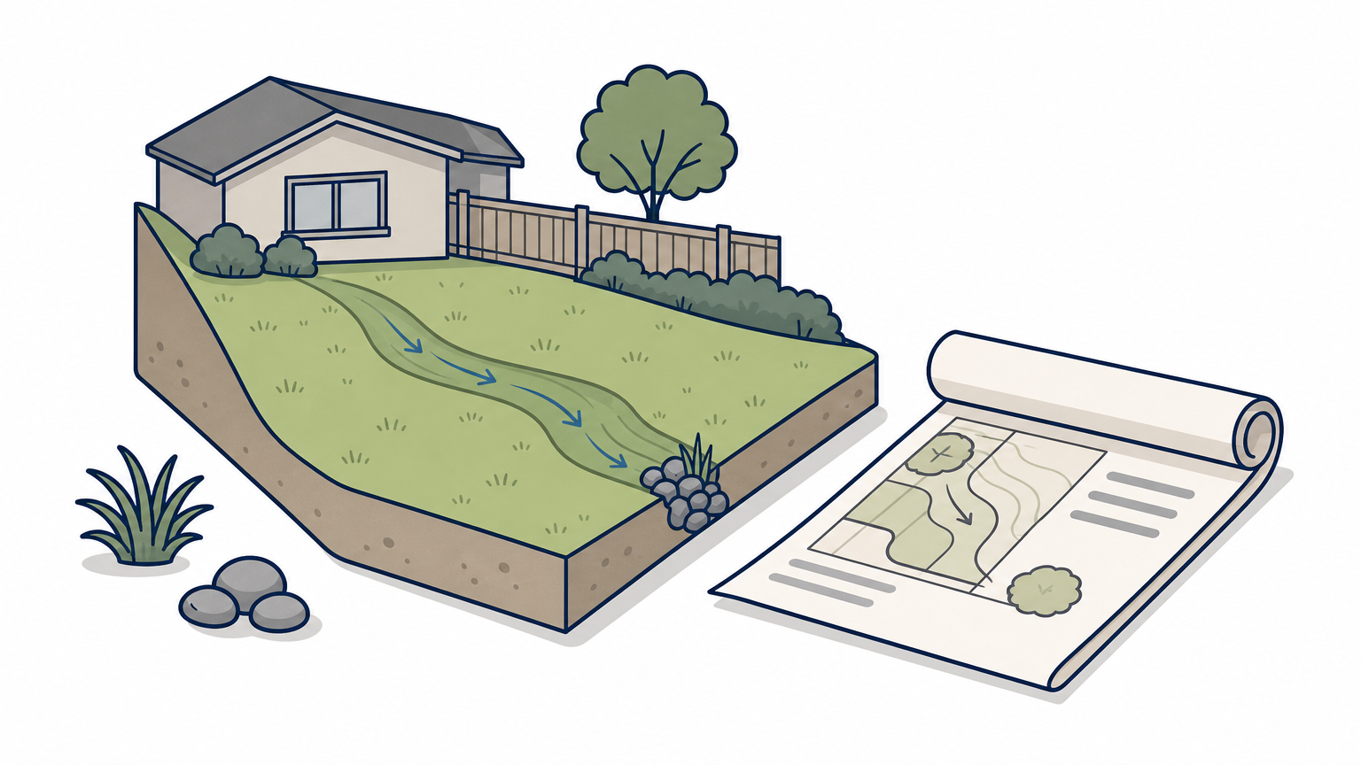 A sloped backyard with a shallow grass swale directing rainwater, next to a rolled plan with an embossed seal.