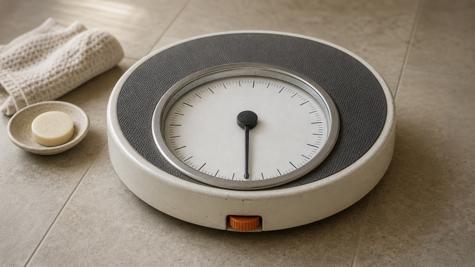 A round analog bathroom scale on a tile floor, its pointer resting at zero on the dial.