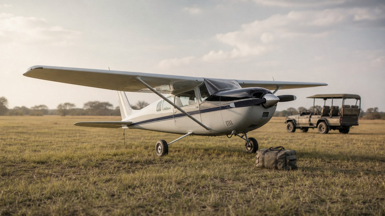 A small plane sits on a grass airstrip beside a safari vehicle, with a soft duffel bag on the ground.