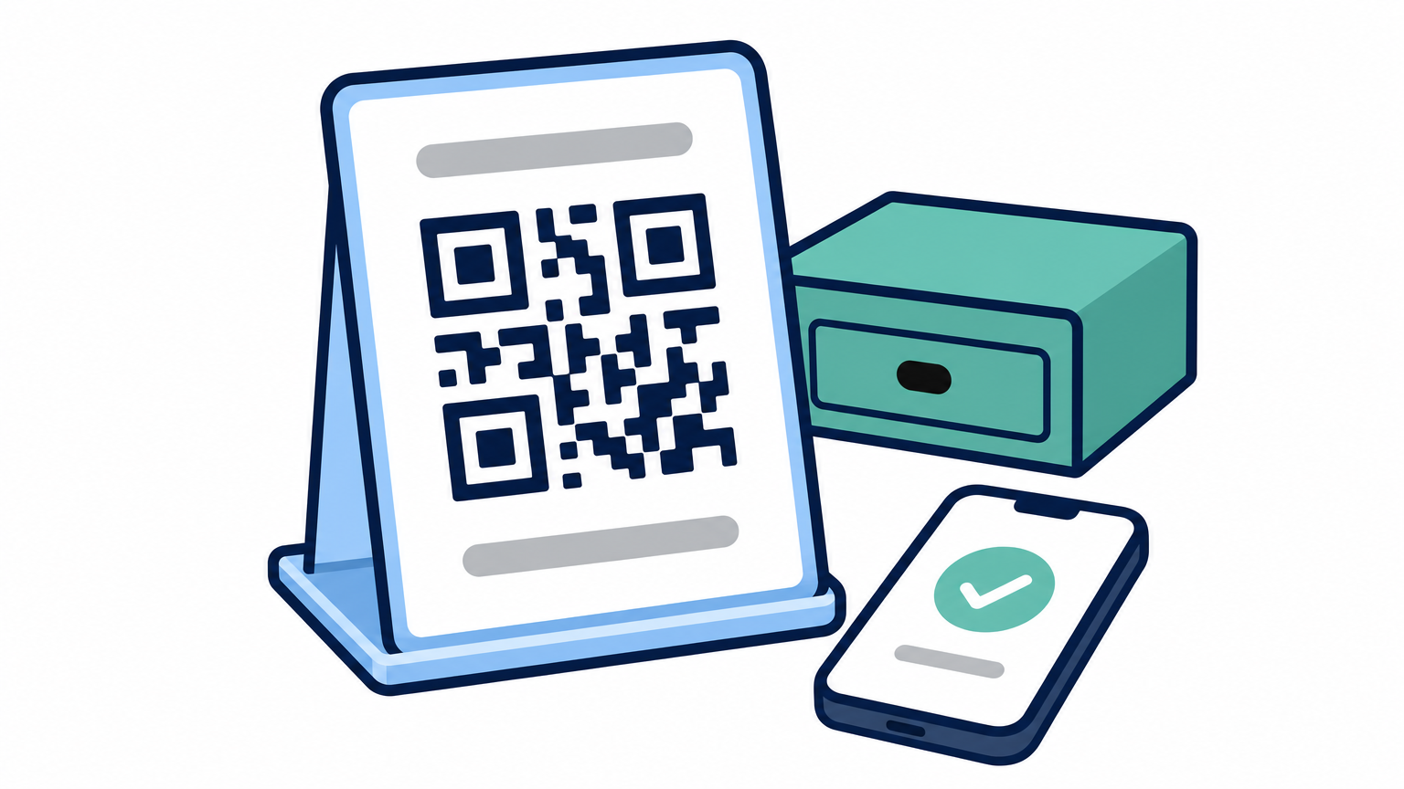 A PromptPay QR code on an acrylic stand at a shop counter, with a phone beside it.