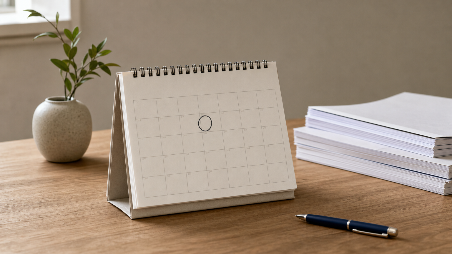 A calendar with the fifth day circled beside a stack of printed financial statements and a pen.
