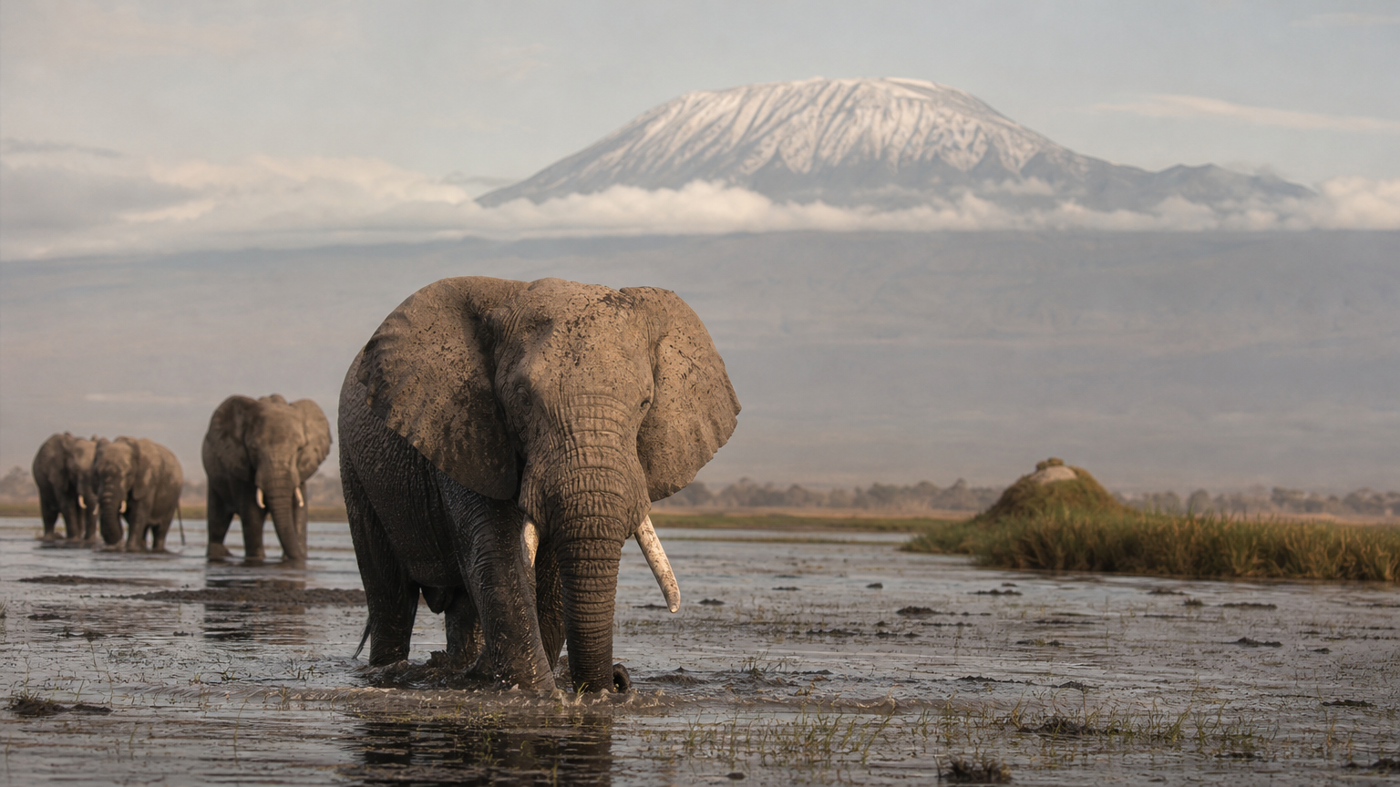 A herd of elephants crosses a swamp in front of a snow-capped mountain partly hidden by cloud.