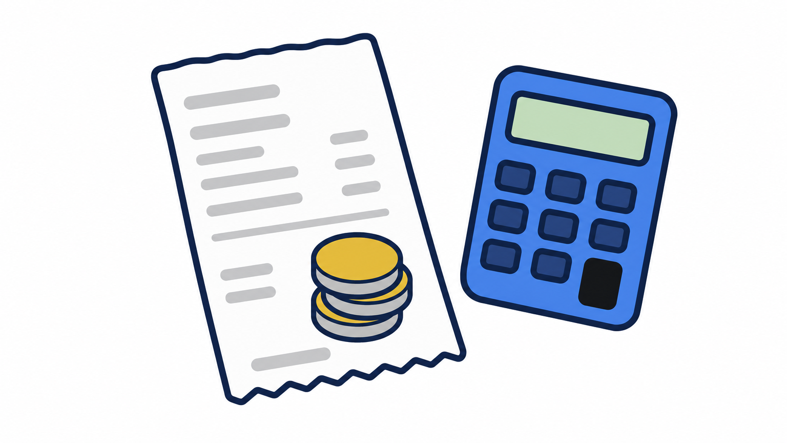 A small paper receipt with baht coins stacked on it and a calculator beside it on a table.