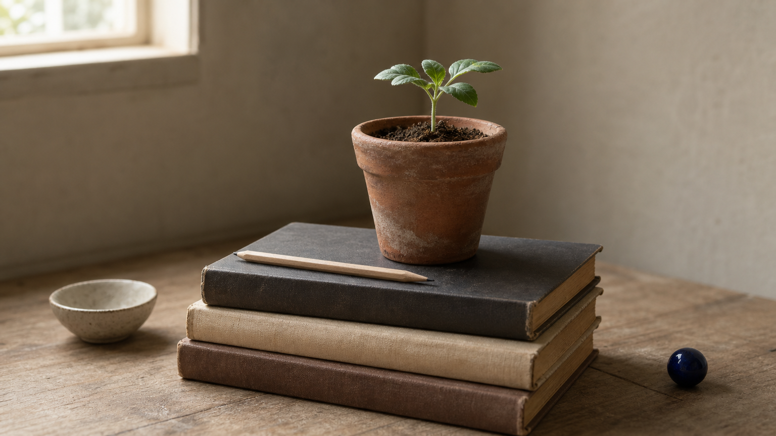 A small seedling in a clay pot sits on a stack of ledger books with a pencil.