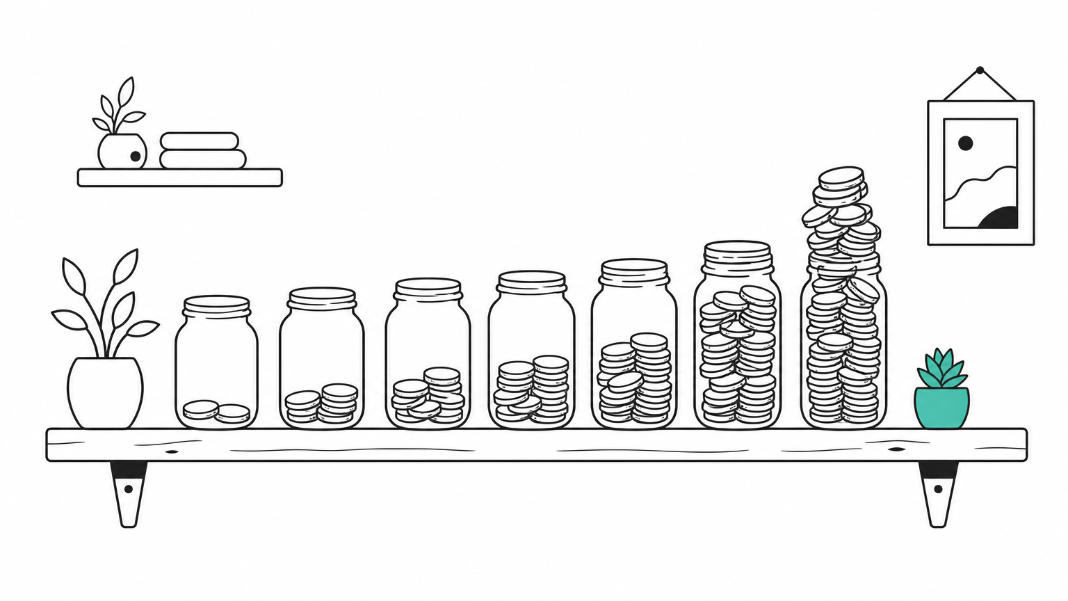 A row of seven glass jars filled with coins, rising in height from left to right, with the last jar overflowing.