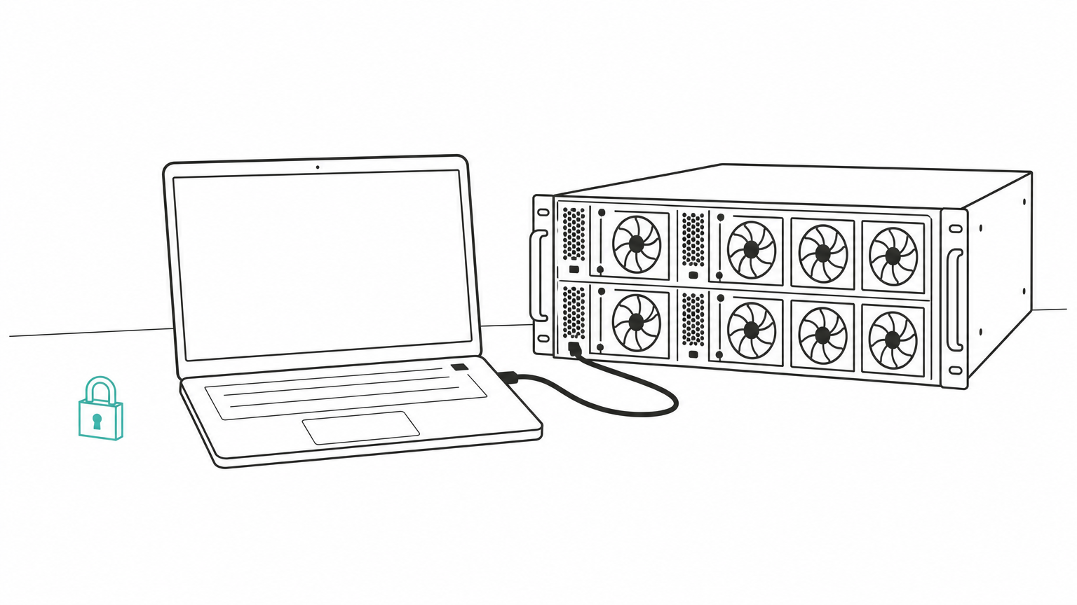 A laptop on a desk connected by a cable to a rack-mounted GPU server, with a padlock beside it.