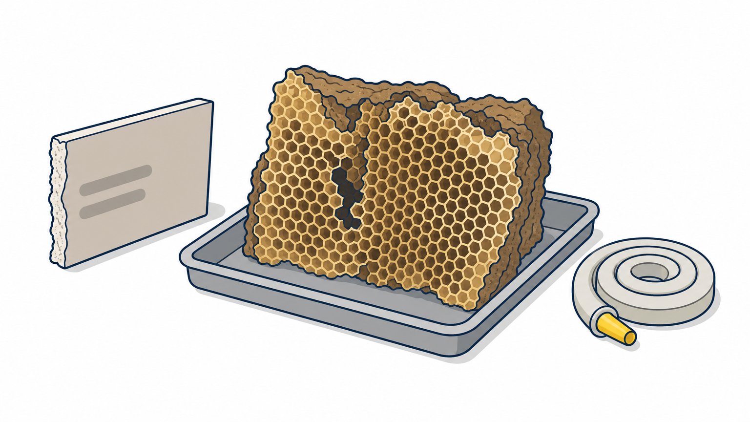 A honeycomb section lifted from an opened wall, resting on a tray beside cut drywall and sealing foam.