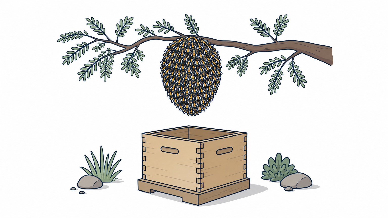 A football-sized bee swarm hangs from a low mesquite branch above an empty wooden hive box.