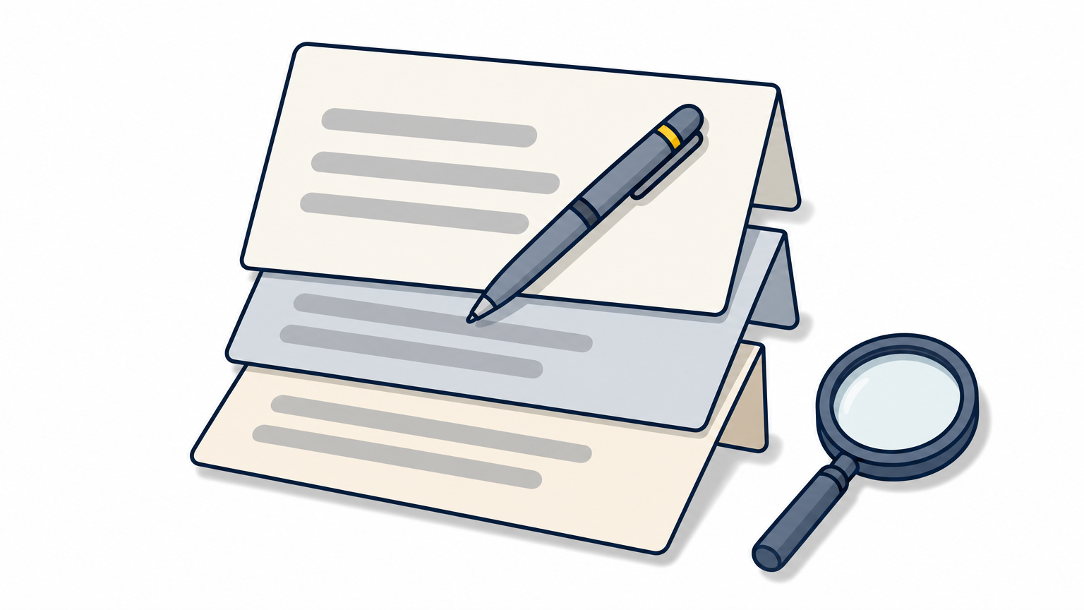 Three folded paper quotes stacked on a table, with a pen and a magnifying glass beside them.