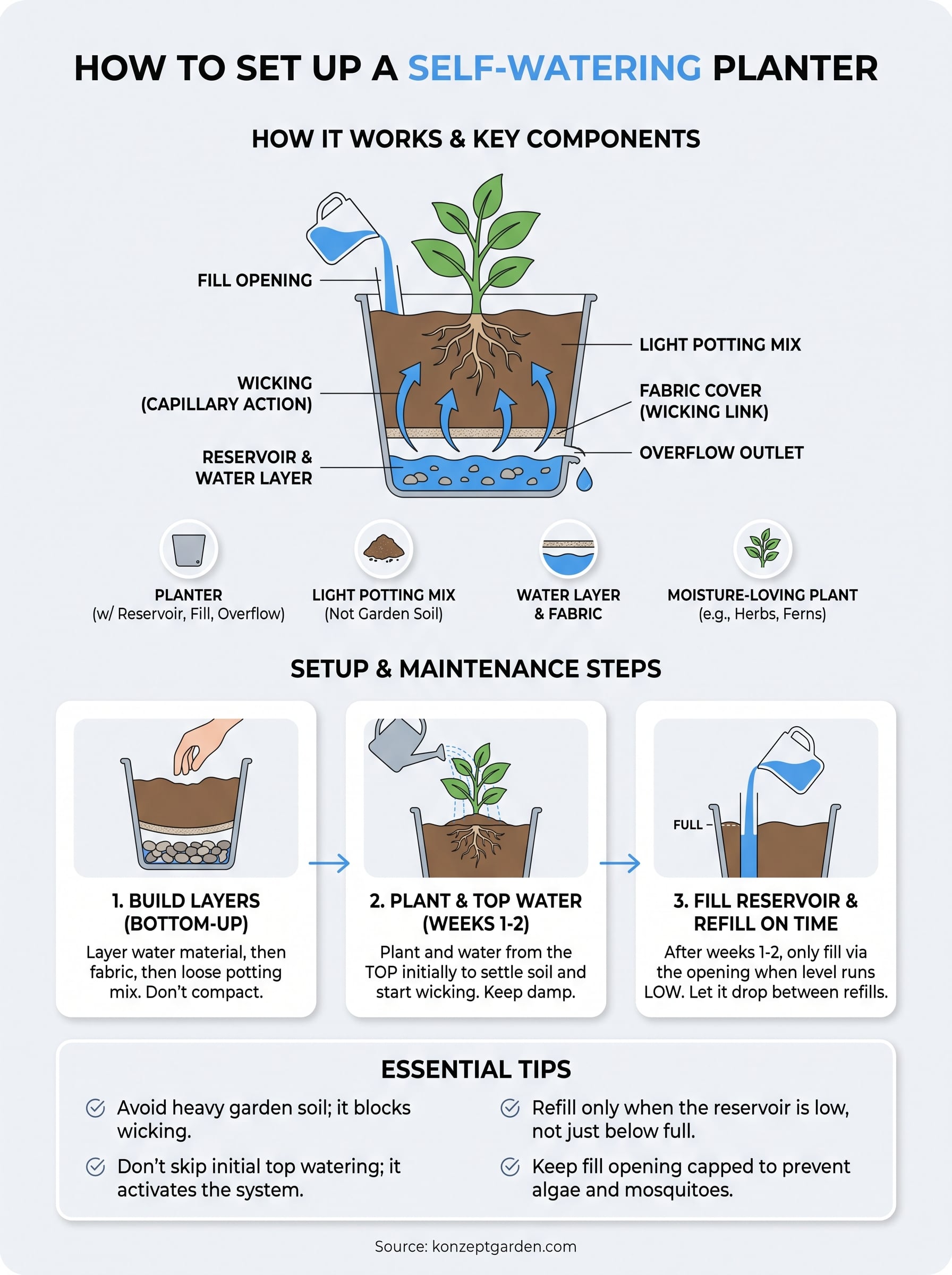 how to set up self-watering planter infographic
