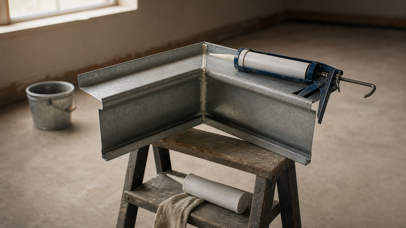 A caulk gun lays a smooth bead of sealant along a gutter corner joint.