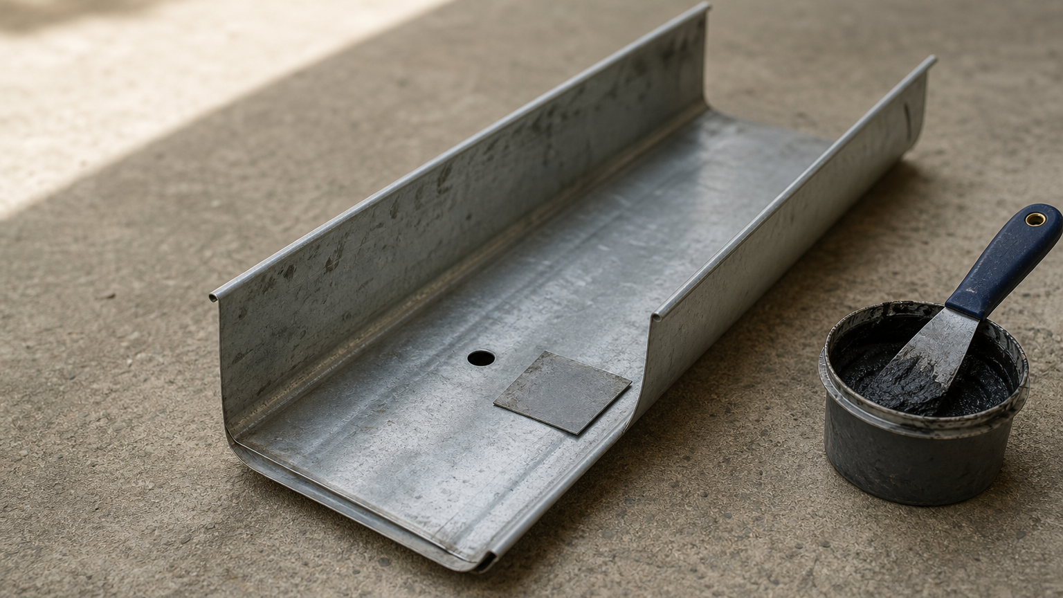 A square metal flashing patch sits beside a small hole in a gutter, with roofing cement nearby.