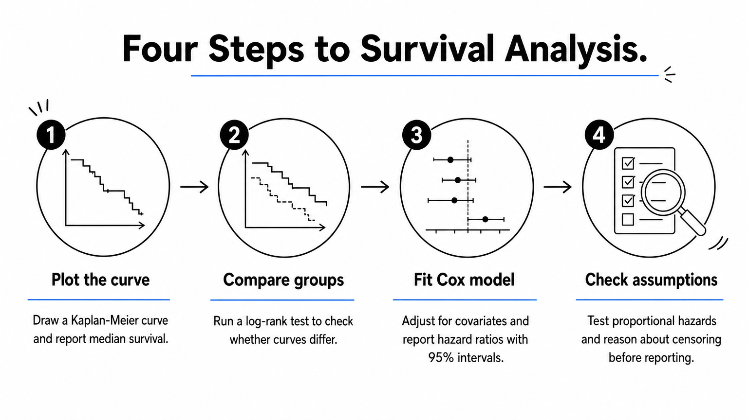 Four-step process for survival analysis: plot the curve, compare groups, fit a Cox model, and check assumptions.