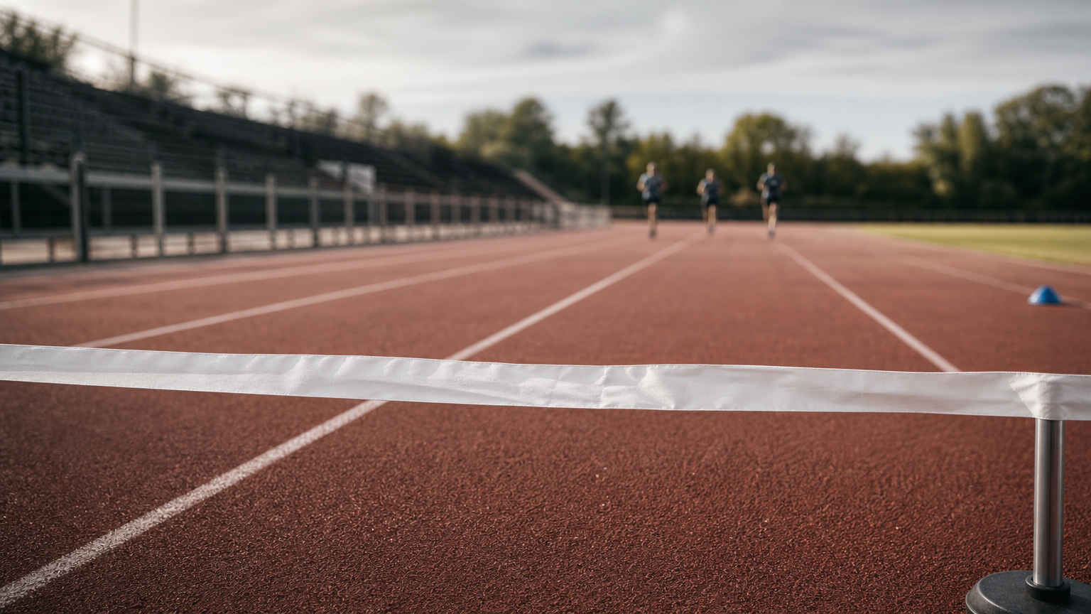 A finish line tape across a running track, with a few runners still racing far behind the rest.