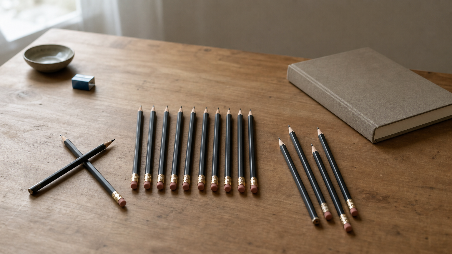 Ten pencils in a row on a desk, with some tipped over and others pulled aside.